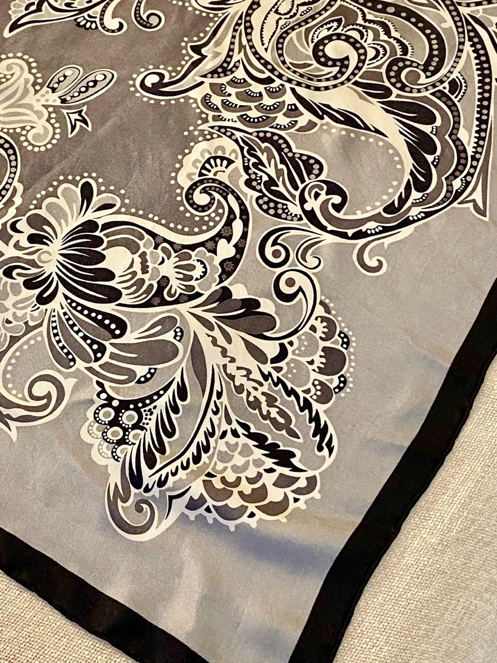 Talbots silk scarf. Black & Grey (some beige undertones). Approx. 29 x 30"